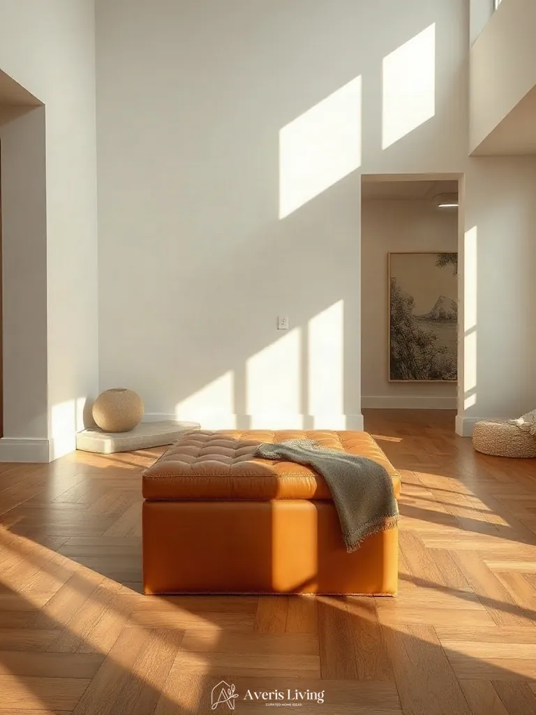 Minimalist living room layout demonstrating optimal traffic flow around a sleek storage ottoman
