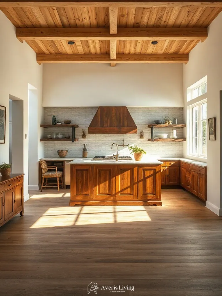 Spacious kitchen interior highlighting traffic flow and clearances around a rustic wood kitchen island.