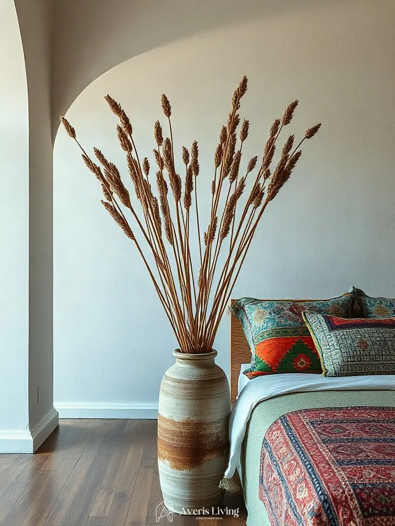 Organic botanical branches near colorful bohemian bedding