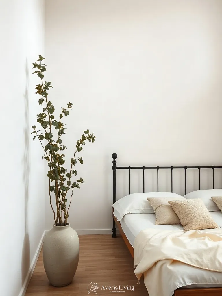 Organic botanical branches styled near an iron bed frame