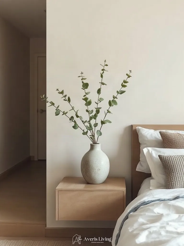 Botanical branches styled on a floating nightstand in a serene small bedroom