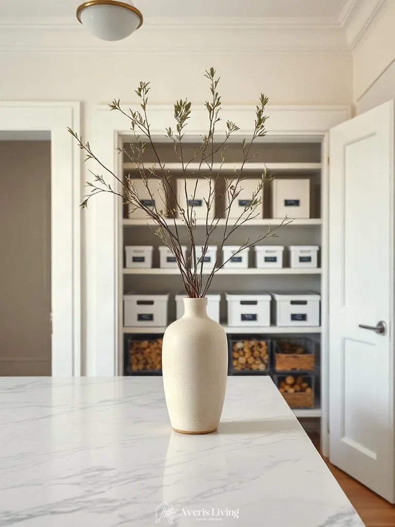 Botanical branches styling a modern pantry next to organization bins and labels.