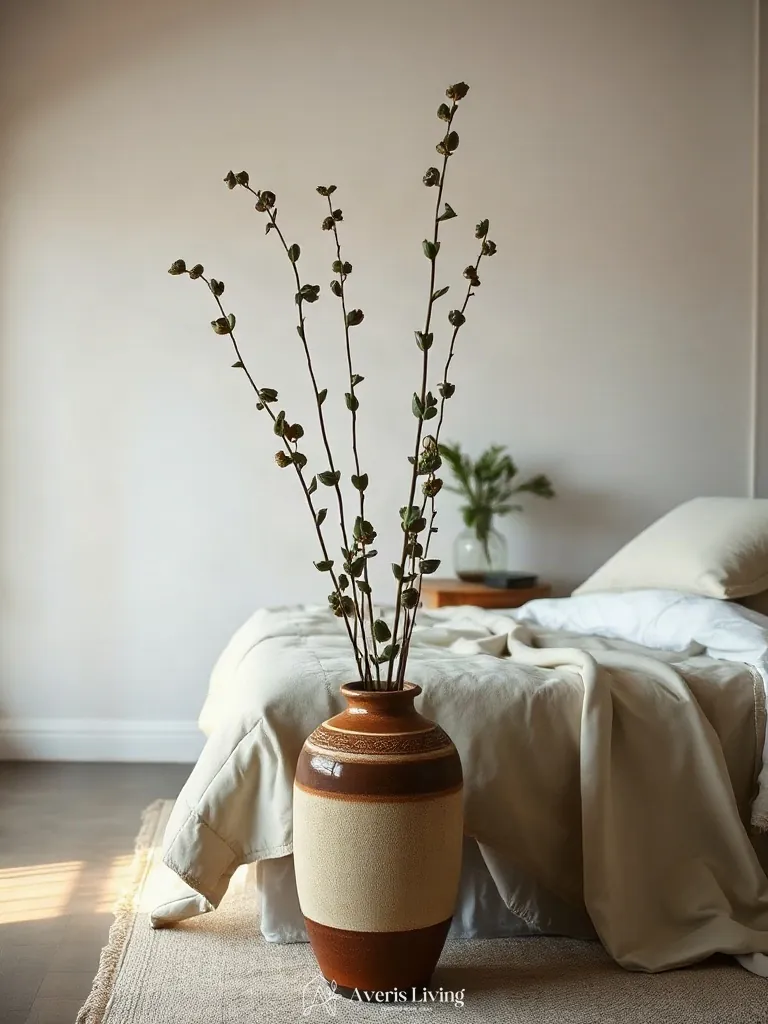 Organic botanical branches accentuating a room with neutral farmhouse bedding sets