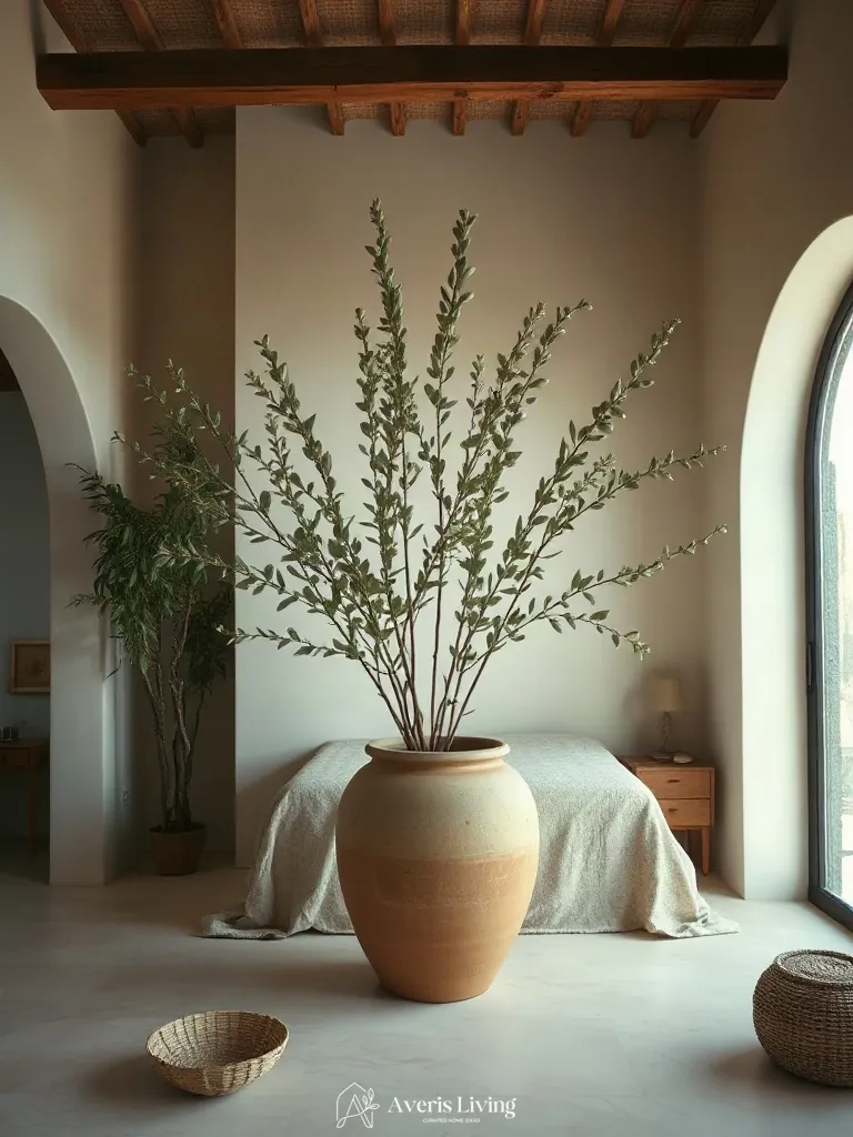 Botanical branches in an earthy boho bedroom aesthetic