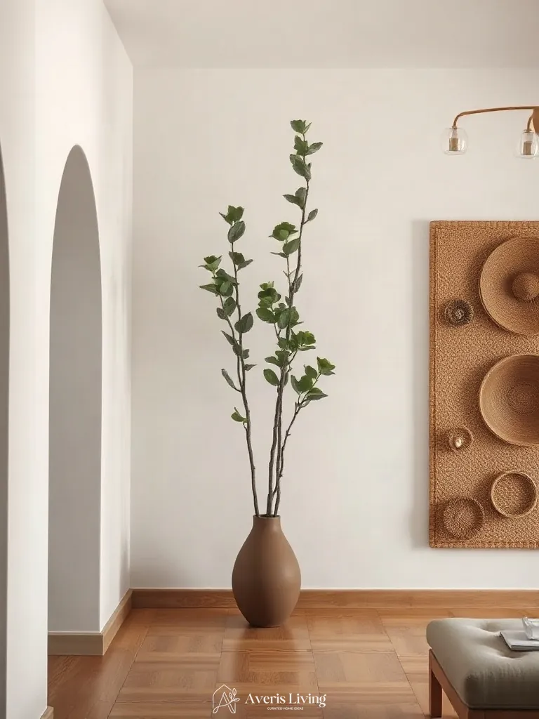 Botanical branches staged beside a woven basket wall display.