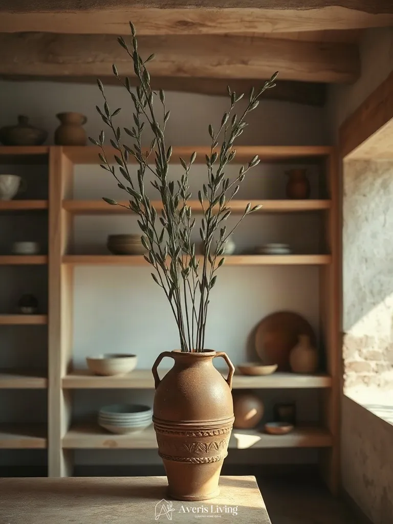Botanical branches in an open shelving farmhouse kitchen