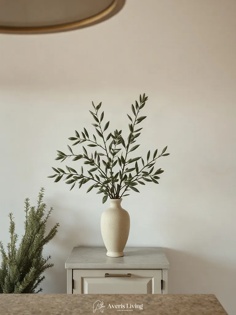 Organic foliage and botanical styling atop affordable kitchen storage units