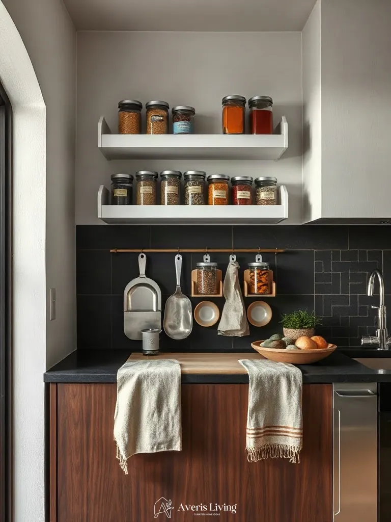 Linen textiles paired with sleek magnetic spice rack ideas