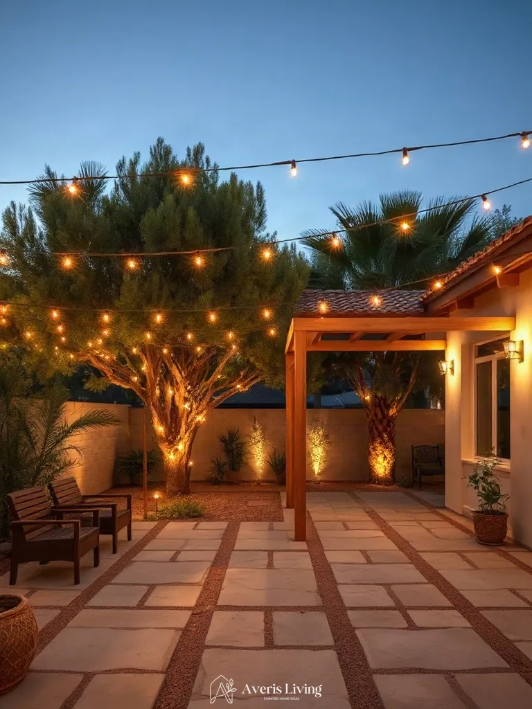 Natural stone patio integrated with trees and organic string lighting