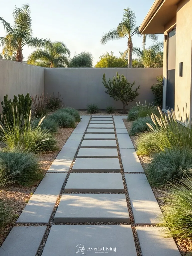 Ornamental grasses framing drought tolerant stepping stone paths