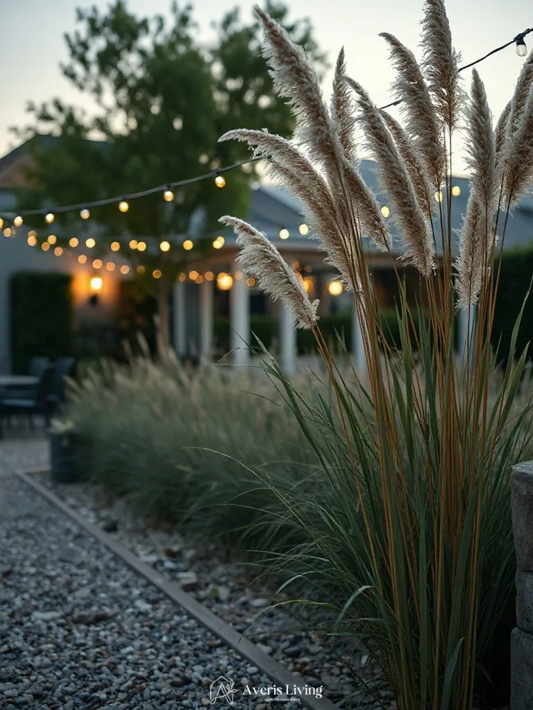 Ornamental grasses framing an illuminated backyard retreat