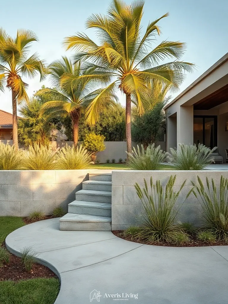 Ornamental grasses framing a tropical backyard retaining wall