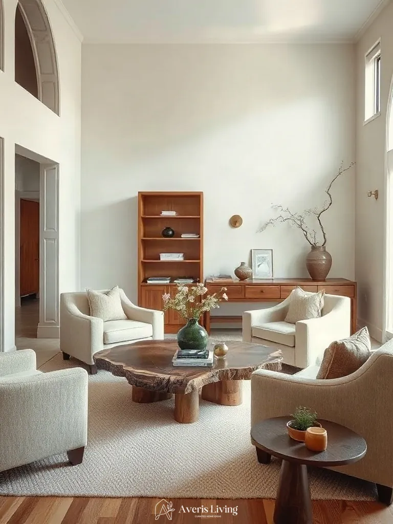 Bouclé upholstery paired with rustic wood coffee table ideas
