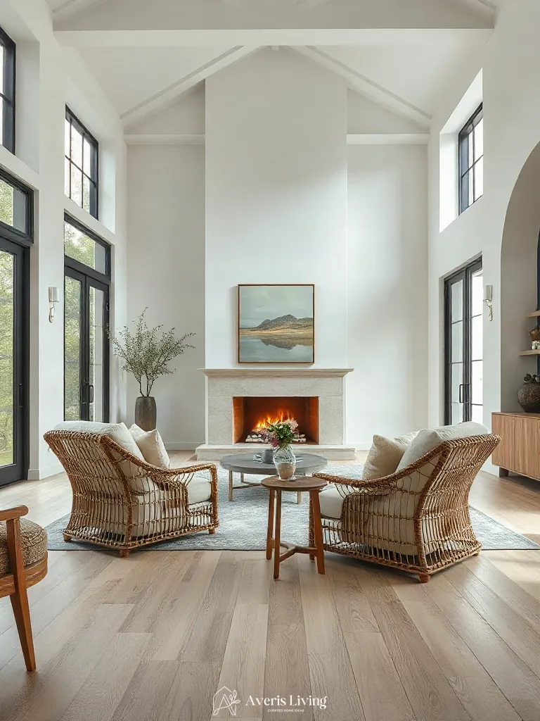 Textured bouclé upholstery integrated into rattan furniture living room styling