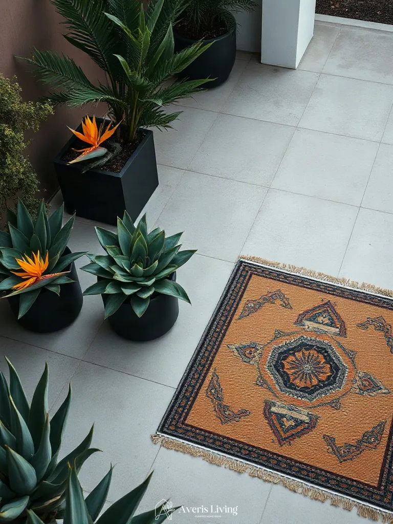 Sculptural foliage paired with an outdoor rug boho style
