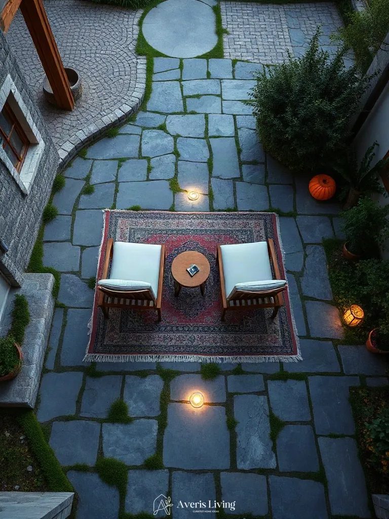 Flagstone patio underneath an outdoor rug boho style