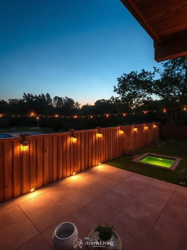 Perimeter fence accent lighting and string lights in boho privacy fence makeover