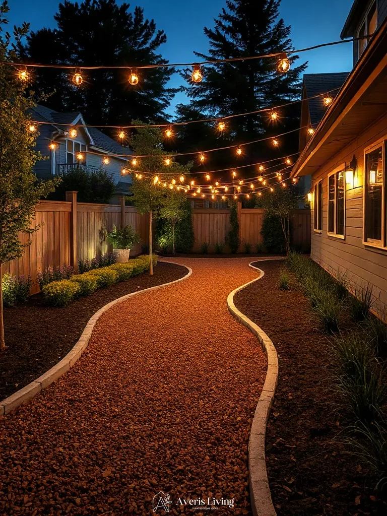 Polished landscape beds finished with overhead string lighting