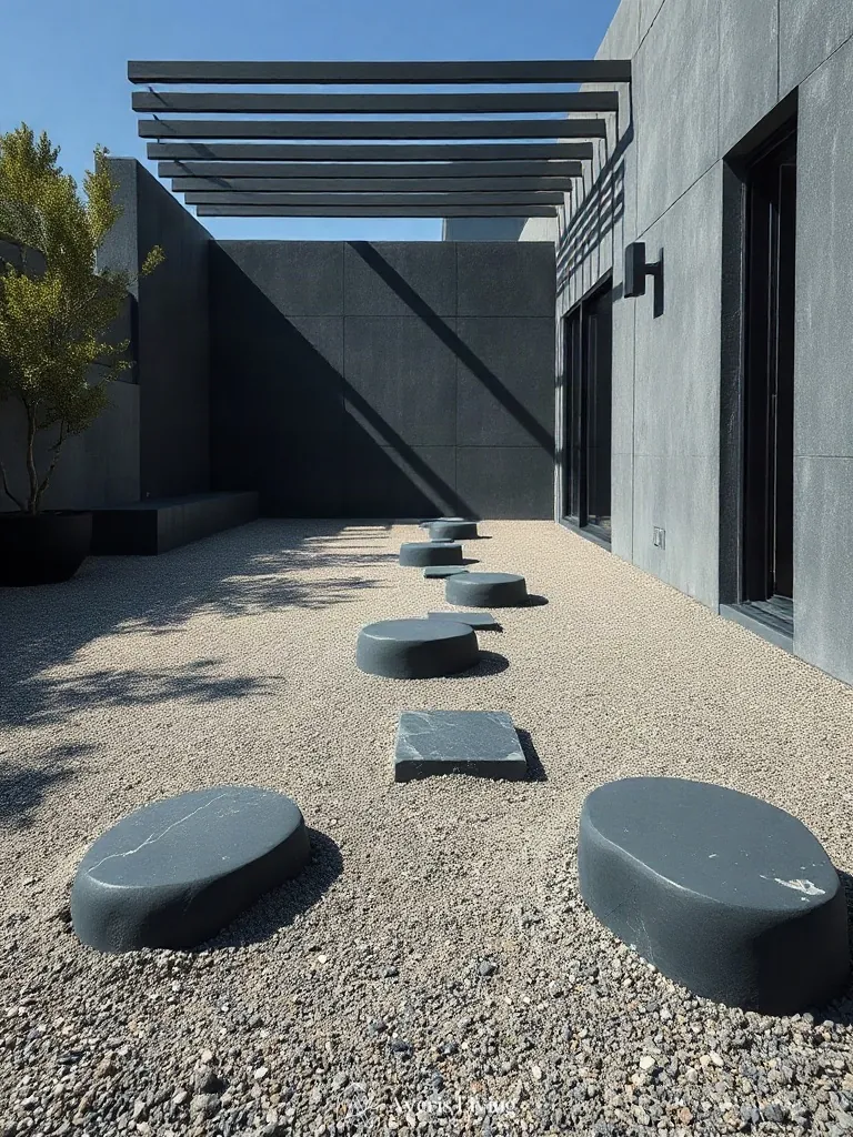 Fluted basalt stepping stones offering matte texture contrast