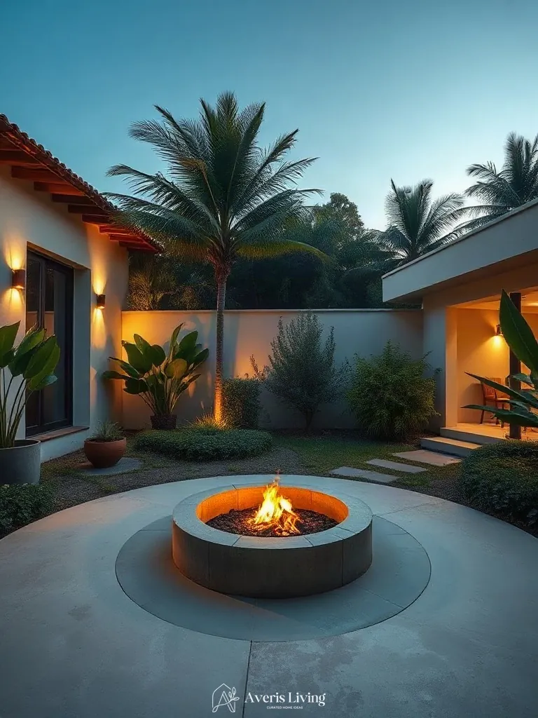 Fire table gathering anchor in a tropical backyard herb garden before and after