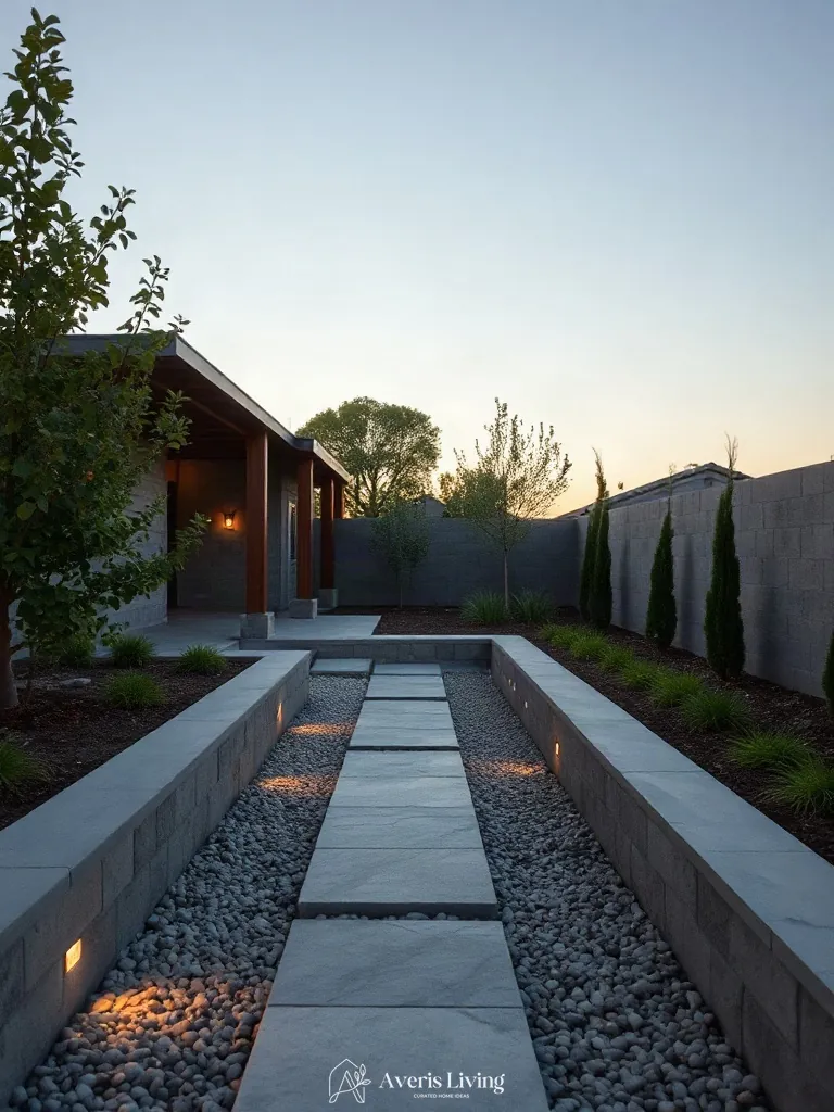 Precision stone coping and clean edges in low maintenance backyard landscaping.
