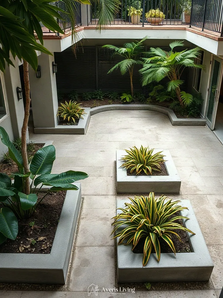 Concrete coping framing tropical backyard flower bed design inspiration