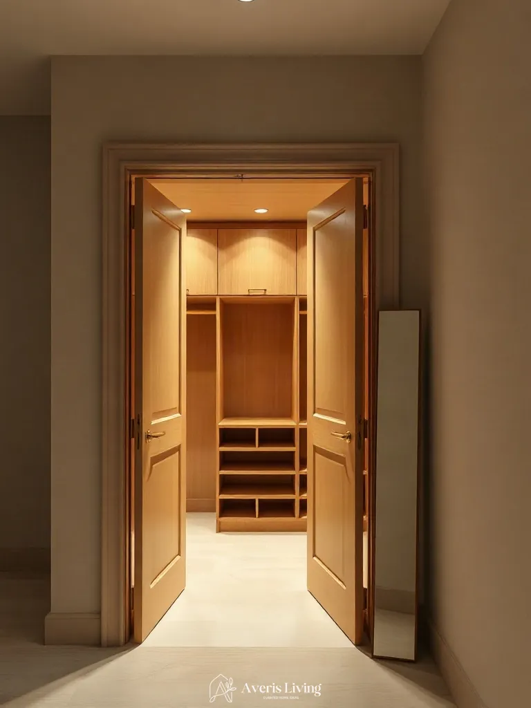 Precision architectural doors concealing small closet organization systems