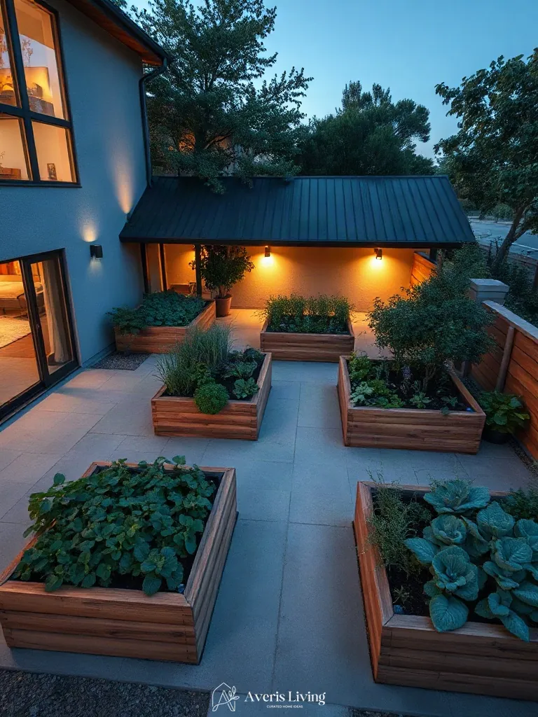 Precision timber raised beds in a modern no grass backyard vegetable garden layout