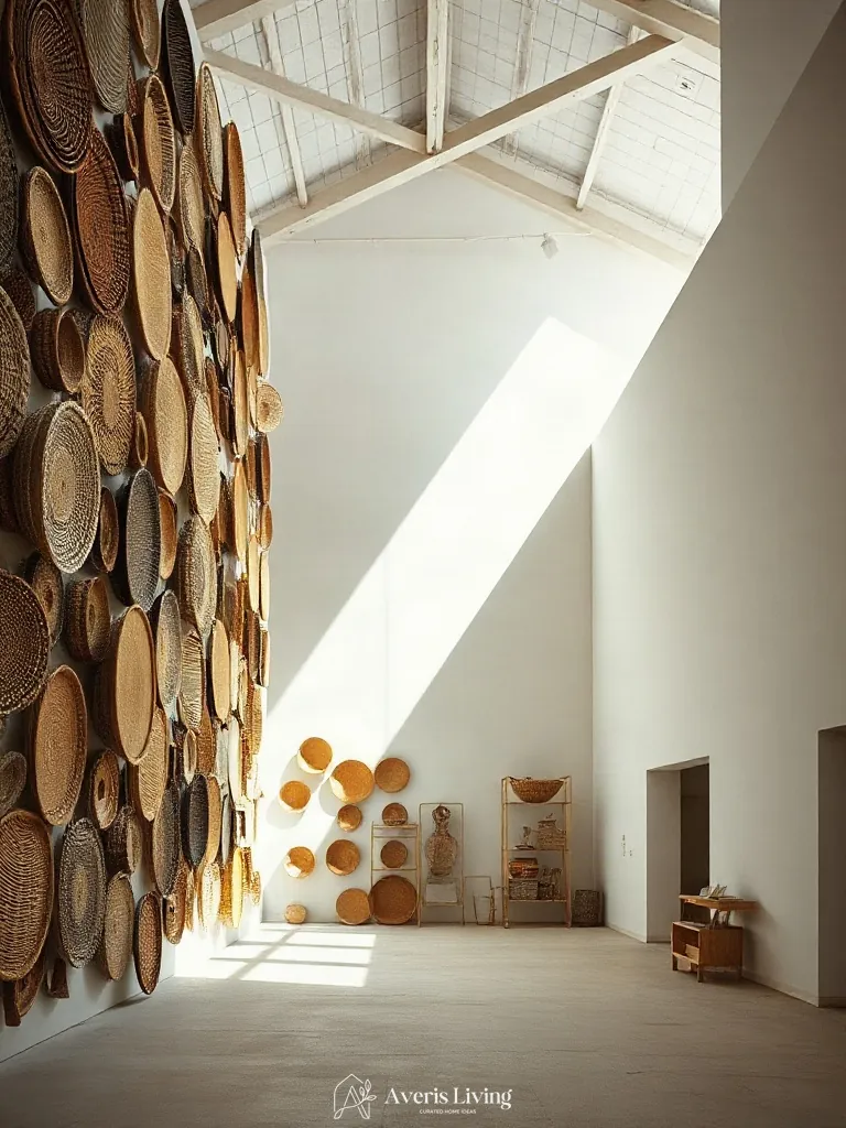 Loft architecture featuring a grand vertical woven basket wall display.