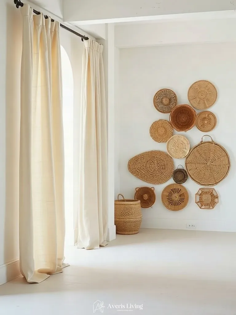 Linen textiles framing a room with a woven basket wall display.