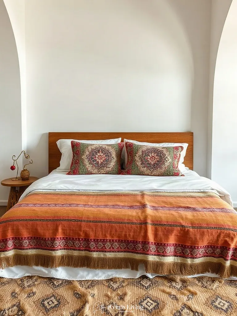 Raw linen and handwoven textiles in colorful bohemian bedding
