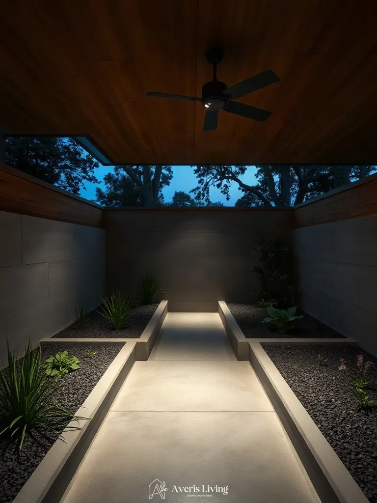 Raw mineral contrast of concrete and slate in a no grass backyard vegetable garden layout