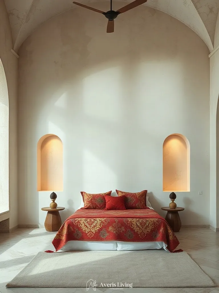 Recessed architectural wall niches flanking colorful bohemian bedding