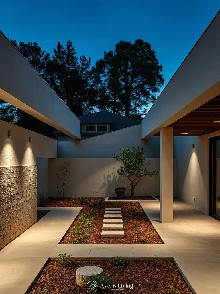 Recessed ground lights accenting a no grass backyard vegetable garden layout