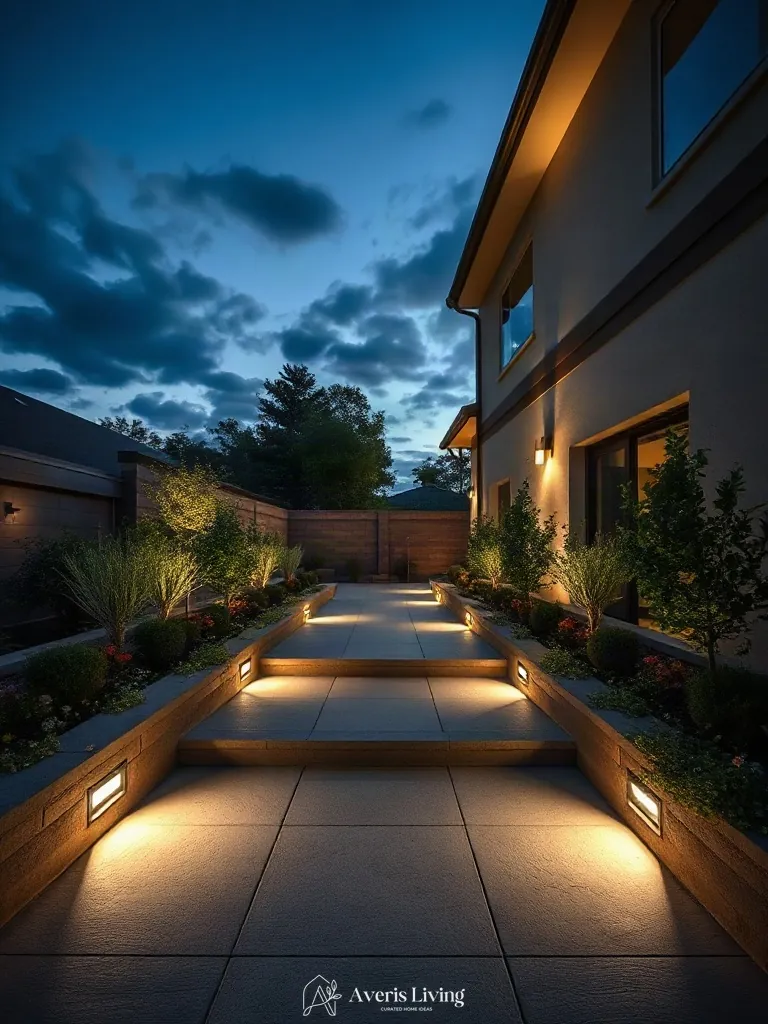 Recessed LED hardscape lights in a low maintenance backyard landscaping design.