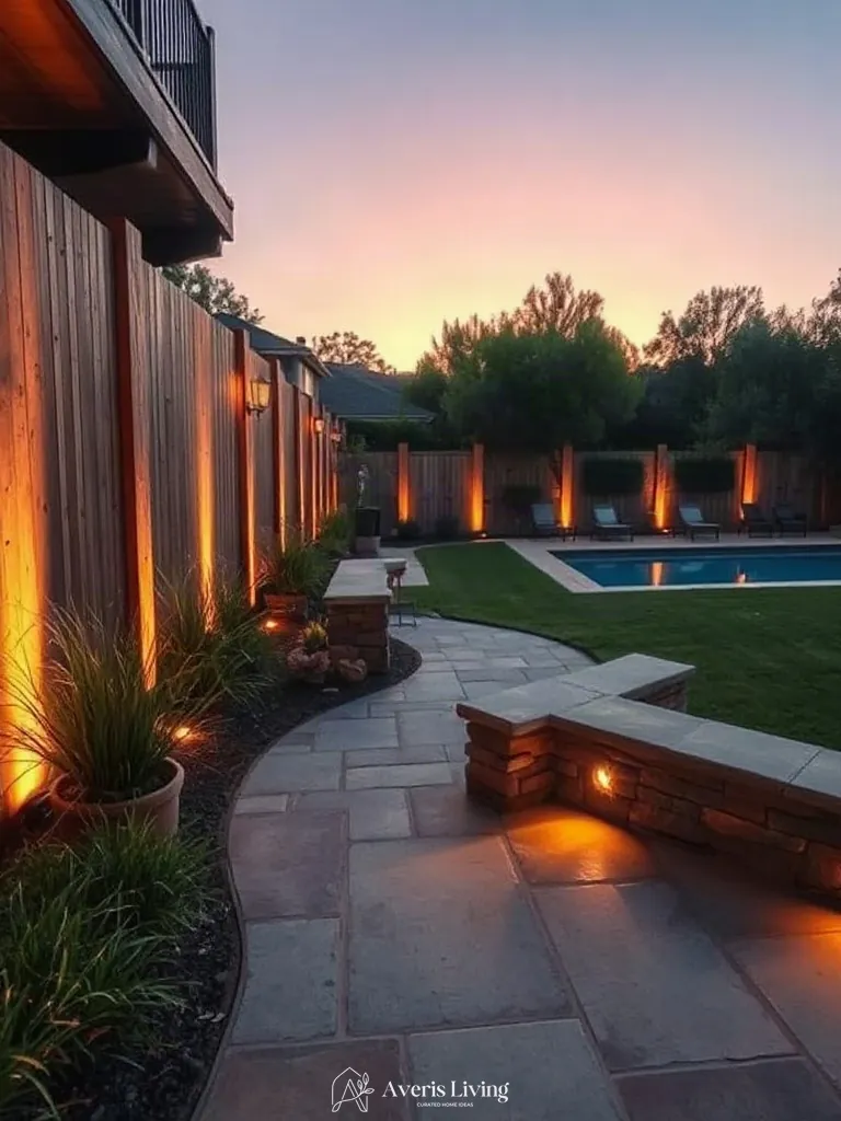 Recessed 2700K LED lights under stone coping in boho backyard privacy fence makeover