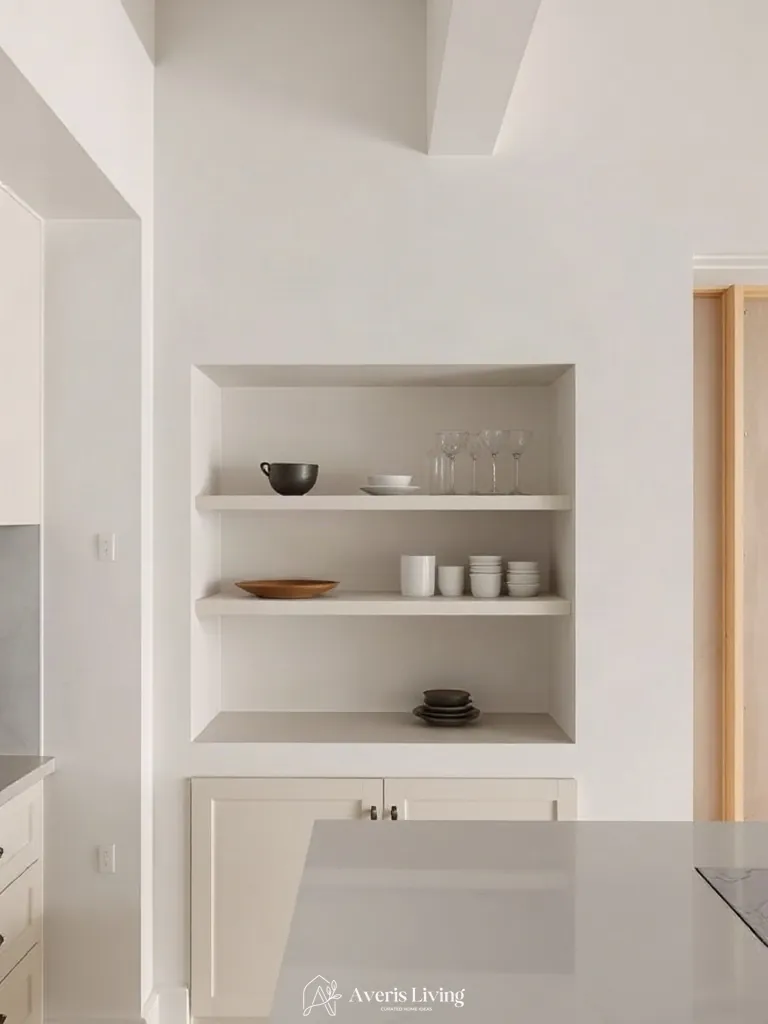 Recessed structural wall niches providing cost-effective kitchen storage