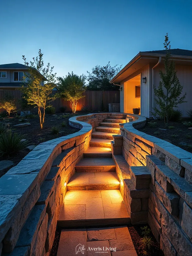 Recessed LED step lights in fairy backyard landscaping makeover