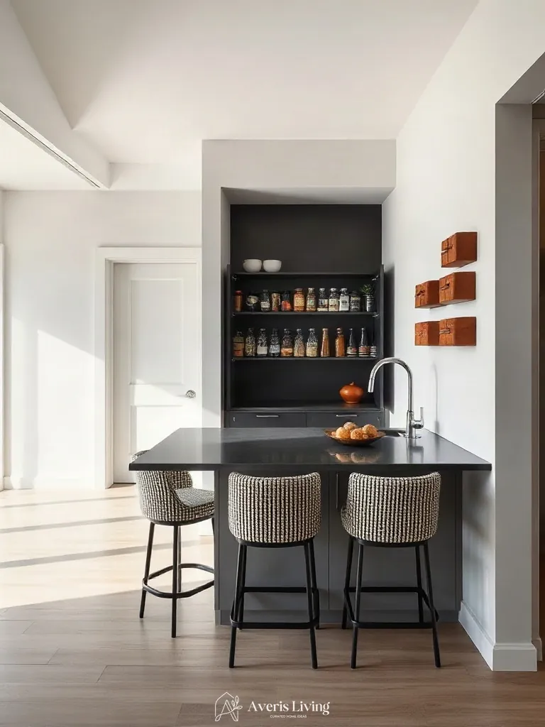 Textured kitchen interior highlighting leather-wrapped magnetic spice rack ideas