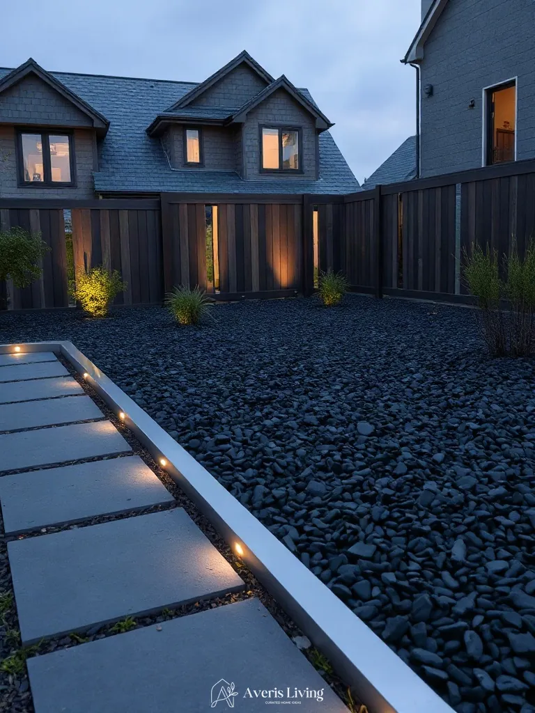 Refined slate chip ground cover and clean garden details in an upscale landscape