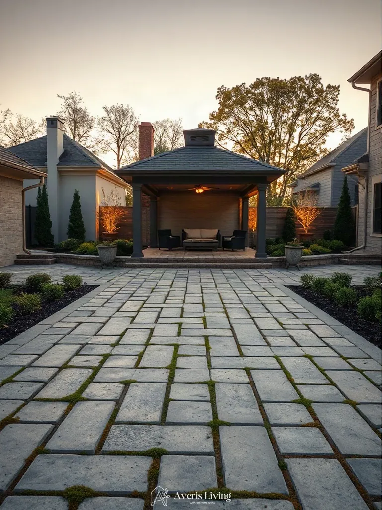 Refined paving patterns and tactile finishes around a backyard gazebo