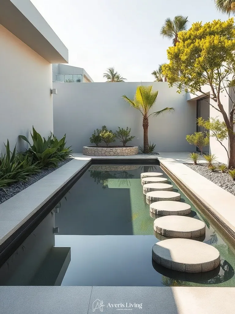 Reflecting pool next to a modern backyard stepping stones makeover