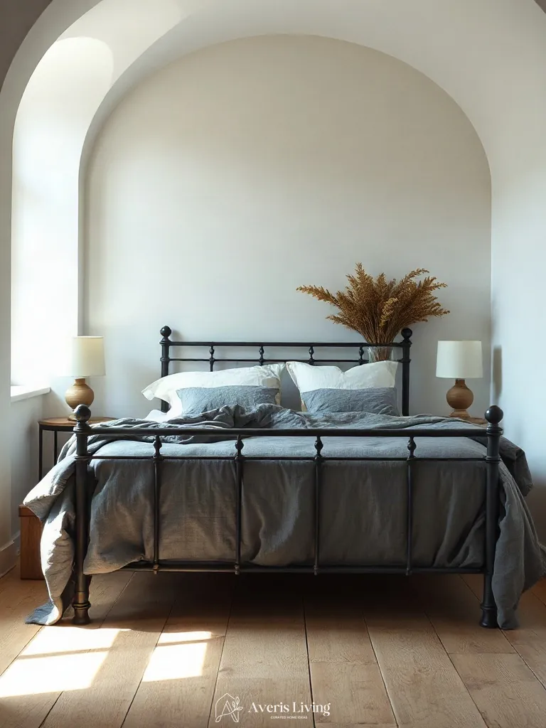 Relaxed linen bedding layered on an architectural iron bed frame