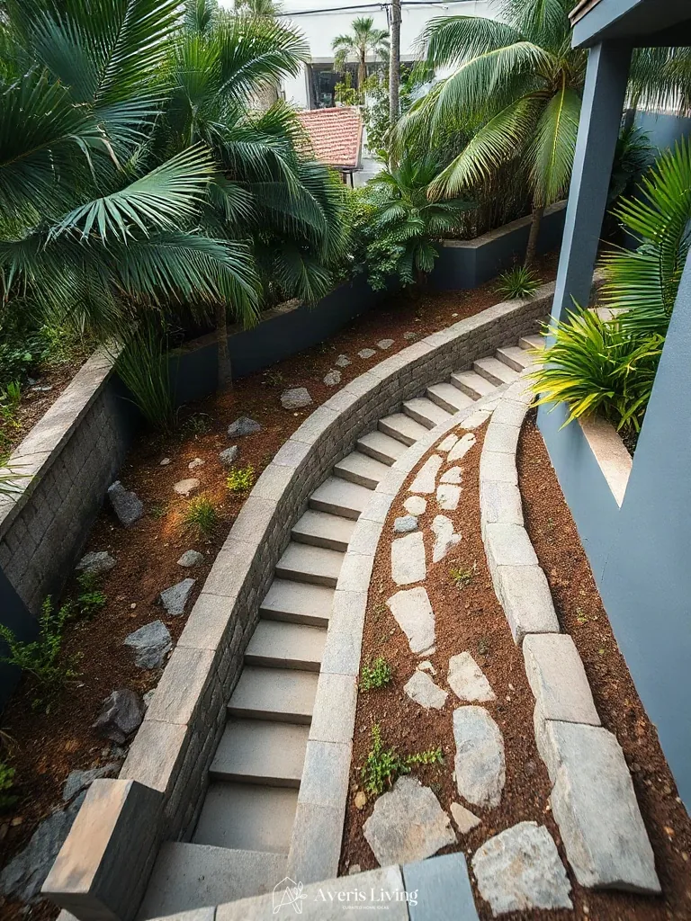 Architectural masonry terracing in a tropical backyard herb garden before and after