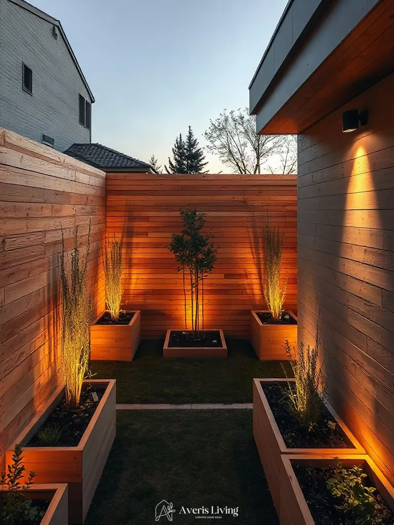 Rich cedar fencing and planters in low maintenance backyard landscaping.