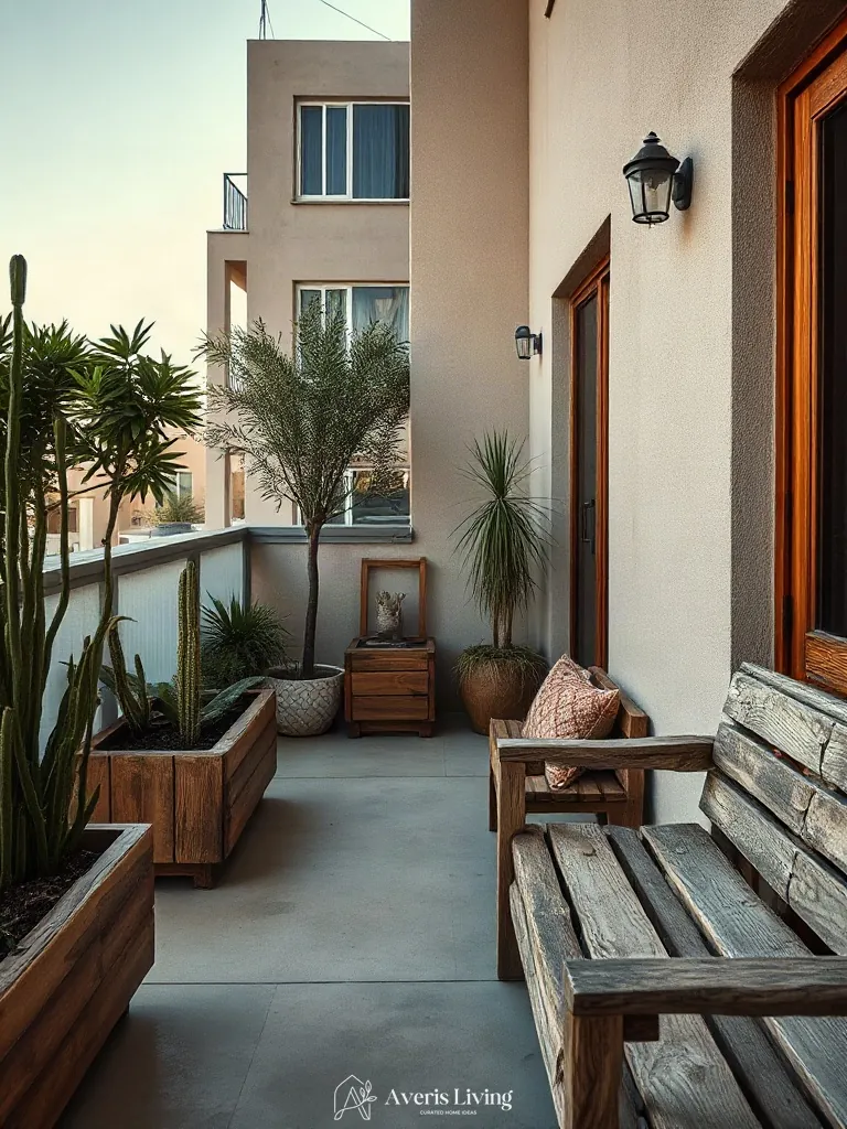 Rich cedar wood accents and planters featured in bohemian balcony decor.