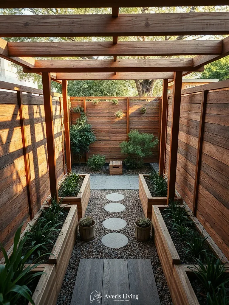 Rich cedar woodwork in fairy backyard landscaping makeover