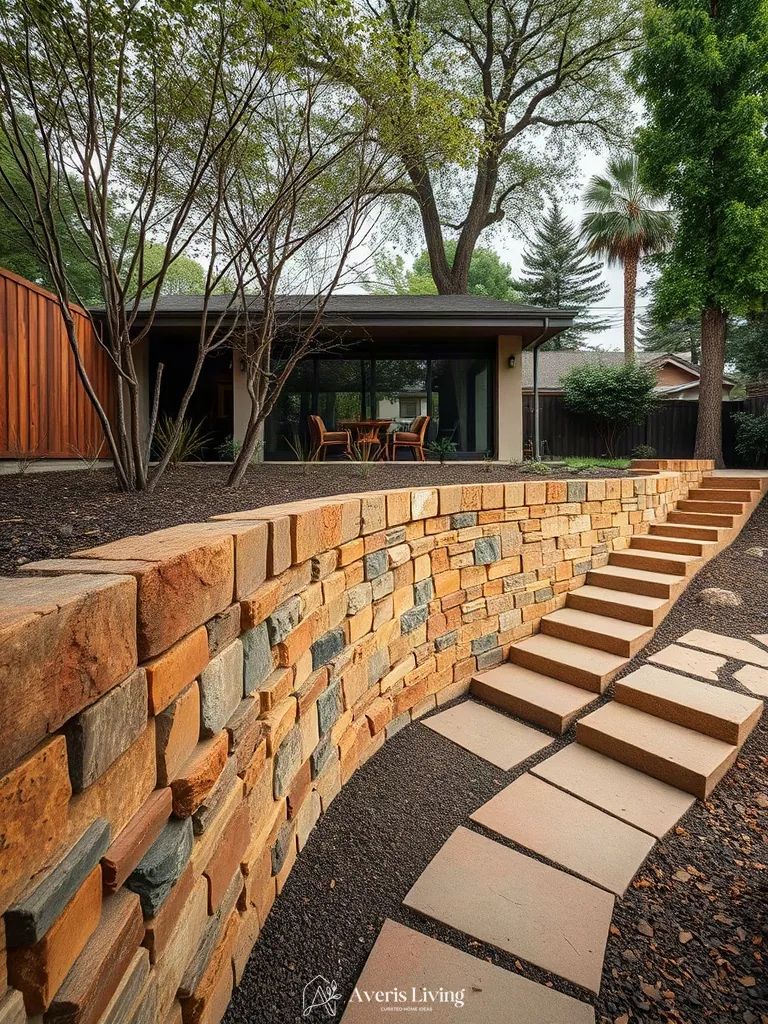 Rich earth-toned mineral palettes in natural stone retaining wall design