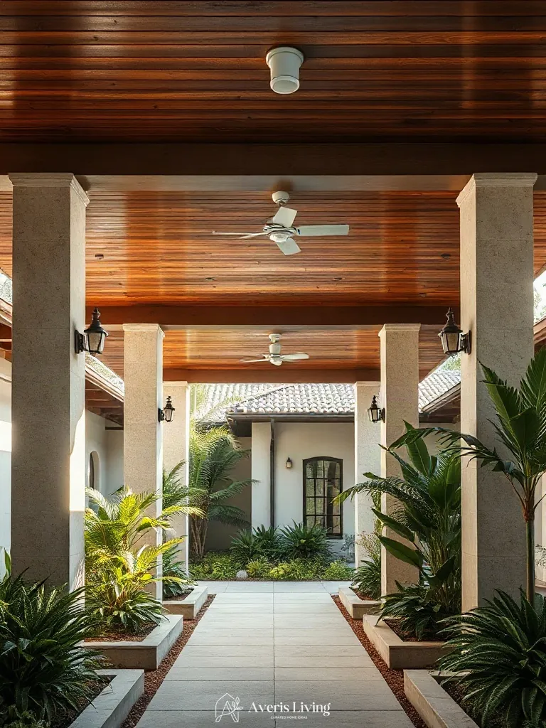 Timber structures in tropical backyard flower bed design inspiration