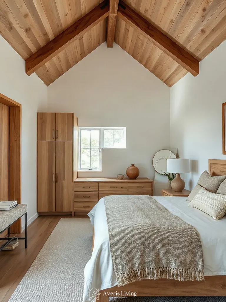 Rift-cut white oak architectural elements paired with neutral farmhouse bedding sets